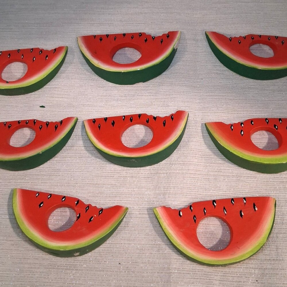 8 set Watermelon Fruit Slice Napkin Rings Wood Hand Painted Summer Picnic BBQ